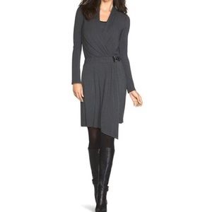 White House Black Market WHBM Gray Faux Wrap Buckled Dress Long Sleeves size 2